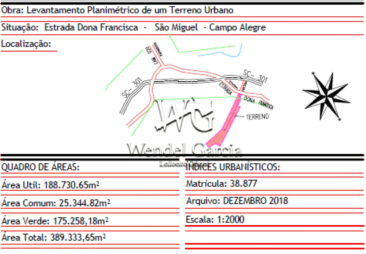 LOTE 001 - 01 (um) terreno urbano situado no bairro São Miguel, município de Campo Alegre, contendo a área de trezentos e oitenta e nove mil e trezentos e trinta e três metros e sessenta e cinco decímetros quadrados (389.333,65m2), quase na divisa com a Localidade de Laranjeiras, pouco antes da Policia Rodoviária Estadual, com acesso pela SC 418, imóvel de grande extensão, sendo que pouco menos da metade de sua área é coberta por mata nativa, cerca de 175.258,18 de área de mata nativa, tendo demais características conforme matrícula nº 38.877. OBS.:"Existe a possibilidade de o futuro arrematante precisar retificar a área do imóvel, minimamente, dada a extensa dimensão do bem (de 389.333,64 m² para 378.768,97 m², redução equivalente a 2,7% da área inicial)" .